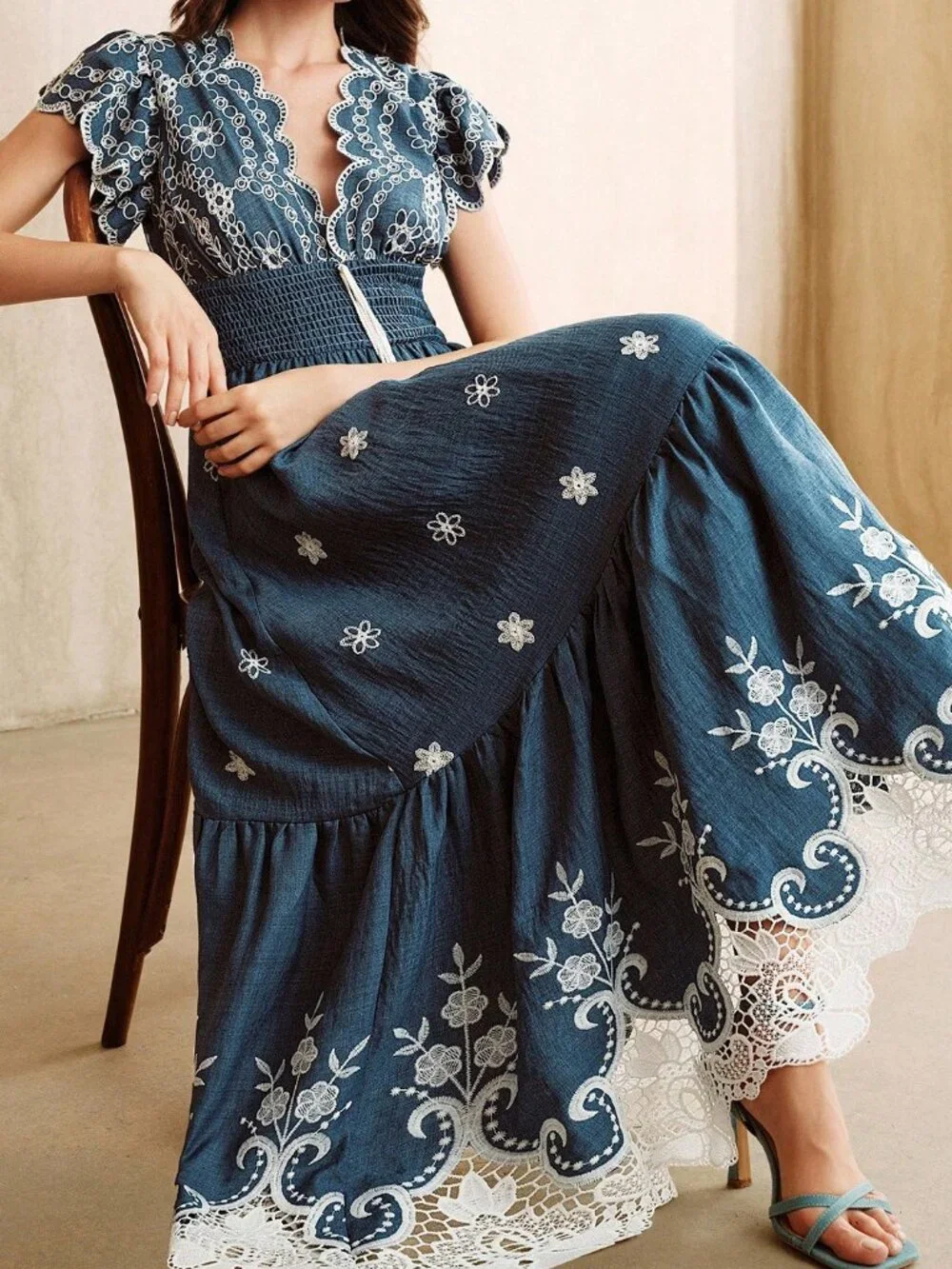 Blue Boho Women's Embroidered Lace Patchwork V-Neck Maxi Dress Short Sleeves - Picture 4 of 7